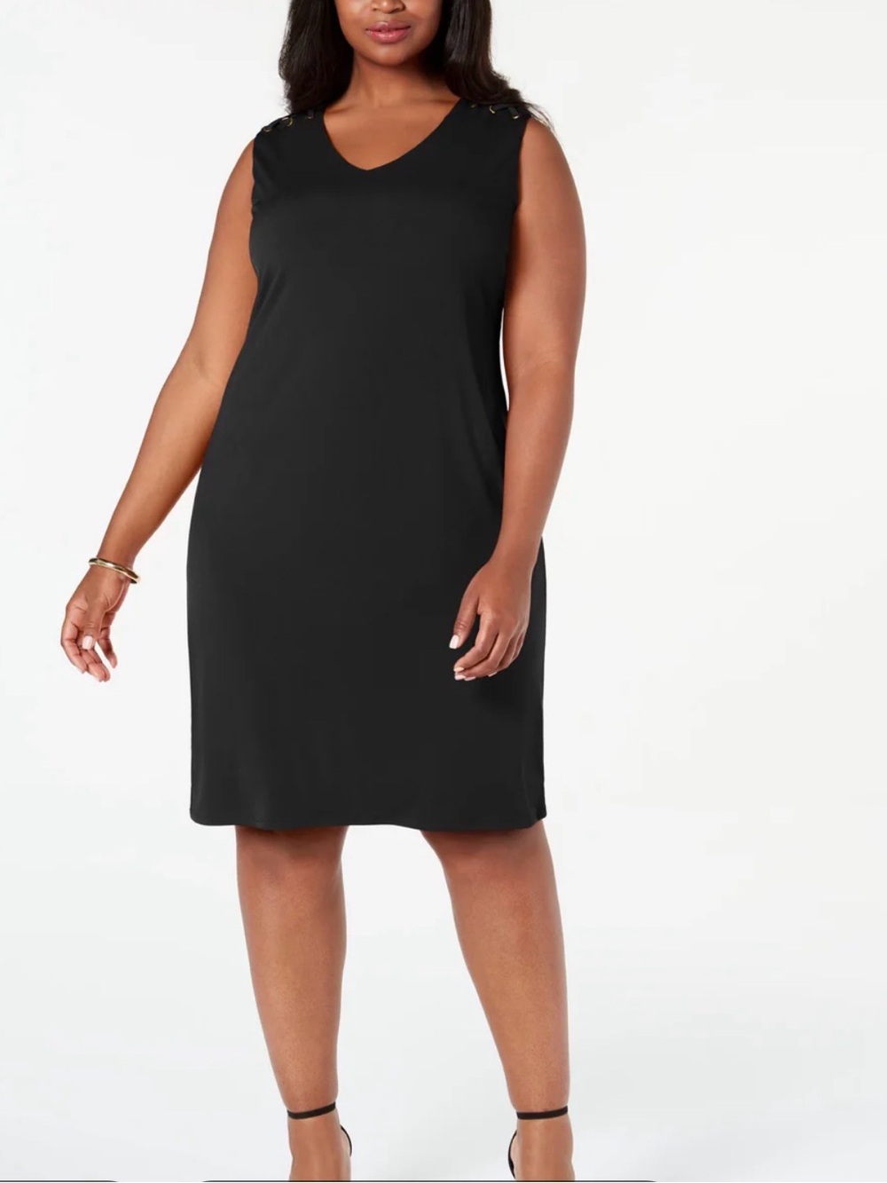 JM Collection Black V-Neck Sleeveless Grommet Shoulder Sheath Dress - Size L